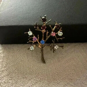 Vintage Tree of Life Family Tree Brooch Costume Golden Rhinestones